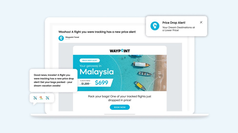 Bloomreach showing how their product can alert customers when products drop in price, with an example of a vacation price drop alert