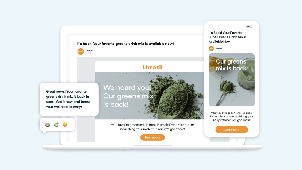 Bloomreach showing how their product can send back-in-stock alerts based on customers' favorite item
