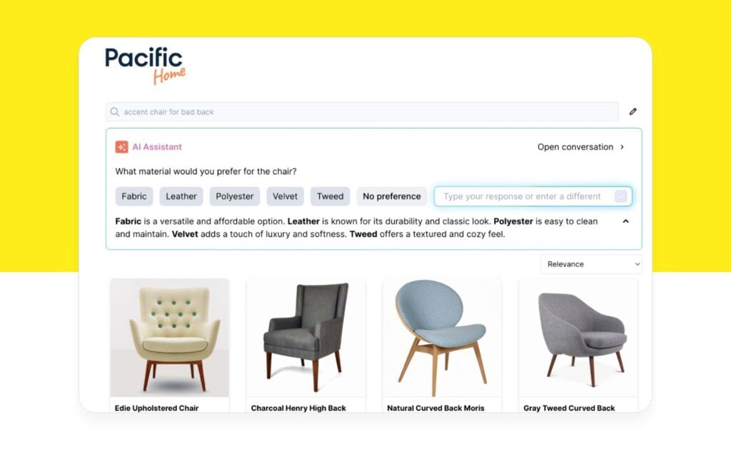 Bloomreach Clarity engaging a customer after their search query with a conversational prompt